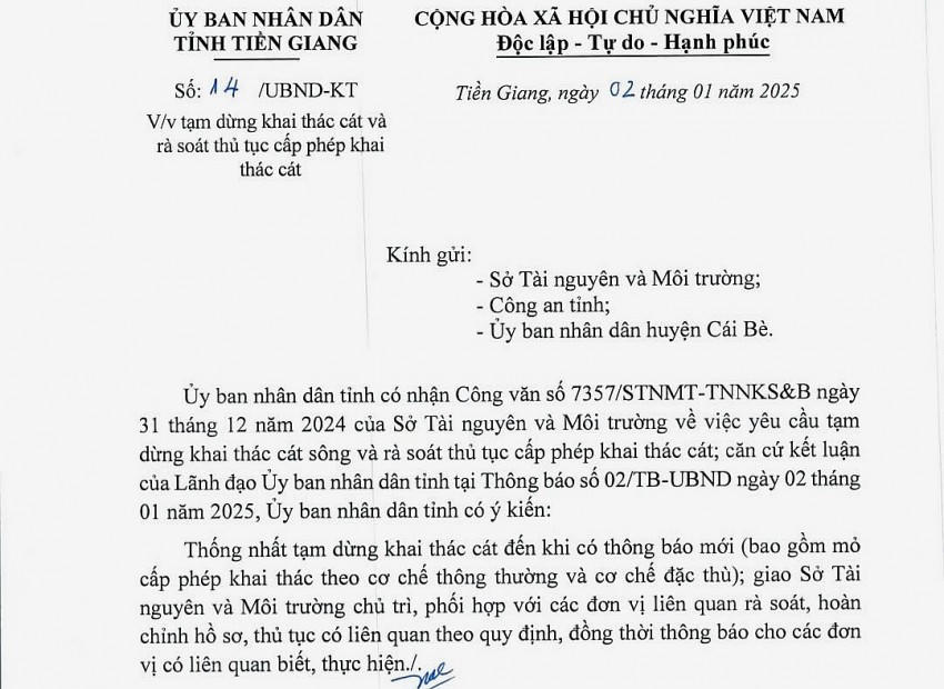 UBND tỉnh Tiền Giang có chủ trương thống nhất tạm dừng khai thác cát