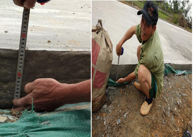 Dân lấy thước ra đo cho thầy mặt đường bê tông chưa đủ độ dày như thiết kế (ảnh:Đức Phú)