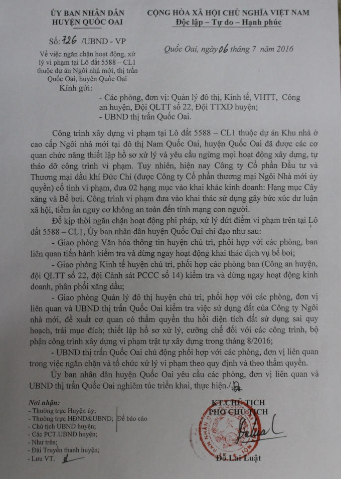 Văn bản chỉ đạo của UBND huyện Quốc Oai yêu cầu dừng ngay hoạt động của 2 công trình sai phạm.