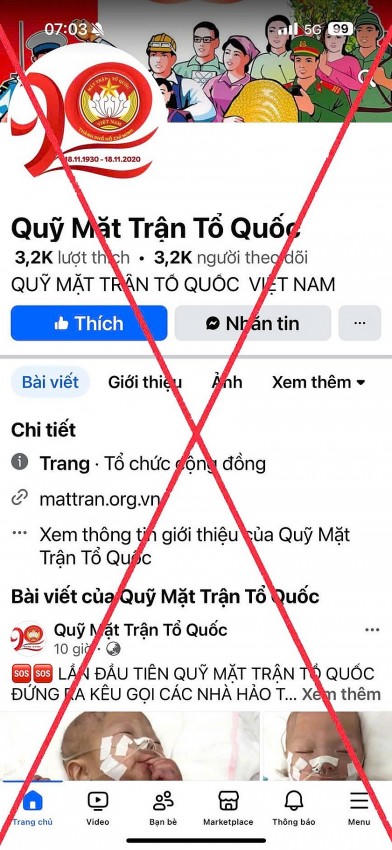 Fanpage giả mạo, lợi dụng danh nghĩa của UBTƯ MTTQ Việt Nam để huy động sự ủng hộ từ các cơ quan, doanh nghiệp, tổ chức và cá nhân trong và ngoài nước.