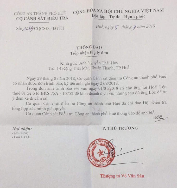 Thông báo của Công an TP Huế (Ảnh anh Huy cung cấp)