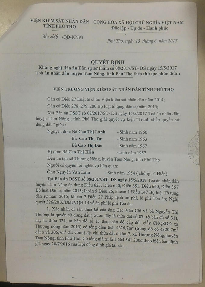 VKSND tỉnh Phú Thọ đã kháng nghị Bản án sơ thẩm dân sự số 08/2017/ST-DS của TAND huyện Tam Nông.