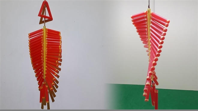 Mẹo trang trí nhà đón Tết tiết kiệm: Sử dụng phụ kiện handmade, chẳng hạn như pháo làm từ ống hút.