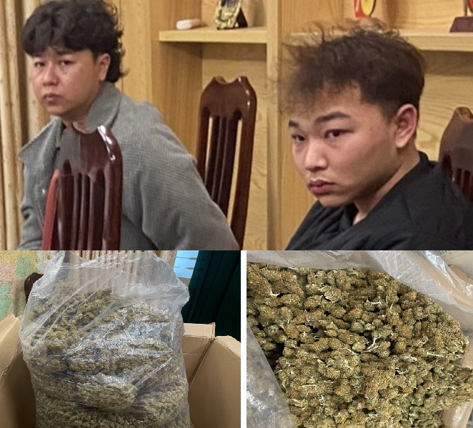 Các đối tượng bị bắt giữ cùng tang vật là khối lượng lớn cần sa bị thu giữ. Ảnh: Công an Hà Nội.