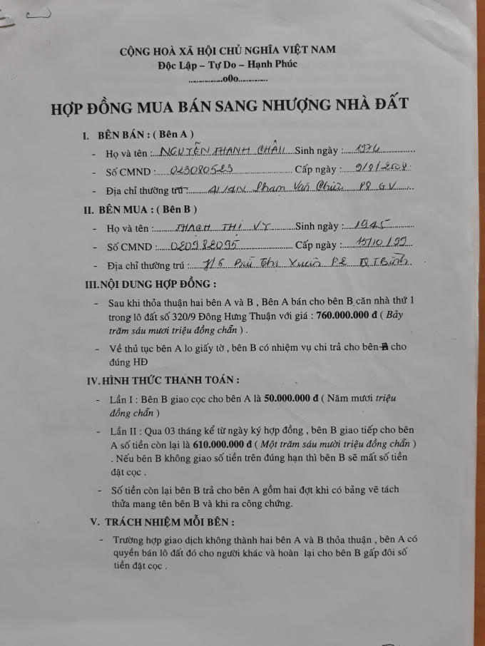 Hợp đồng mua bán nhà đất giữa bà Châu và bà Thạch Thị Vy.