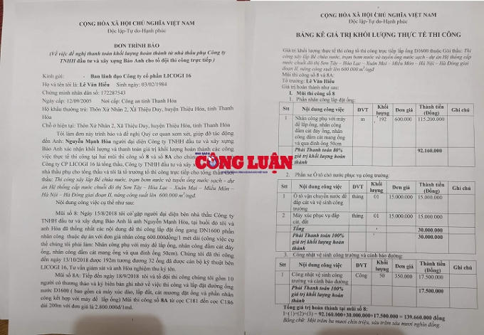 Đơn thư và bảng tính khối lượng ông Hiếu gửi cho Tổng thầu là Công ty Cổ phần Licogi16.