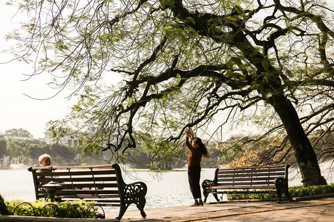 Cụ ông không hướng ra hồ, mà nhìn xa xăm...