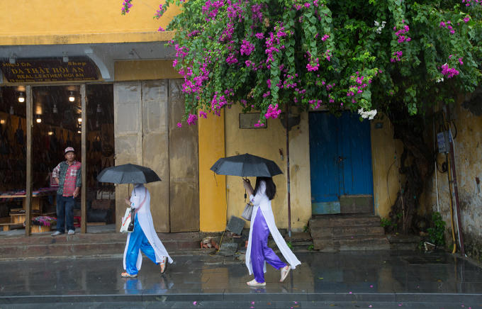 Những du khách thích lang thang ngắm Hội An trong mưa.