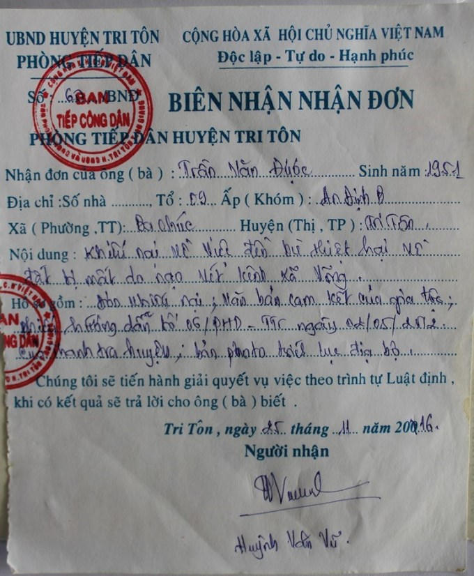 Biên nhận Đơn khiếu nại và hồ sơ kèm theo của ông Được từ năm 2016 nhưng đến nay UBND huyện Tri Tôn vẫn chưa có Quyết định giải quyết khiếu nại là sai quy định