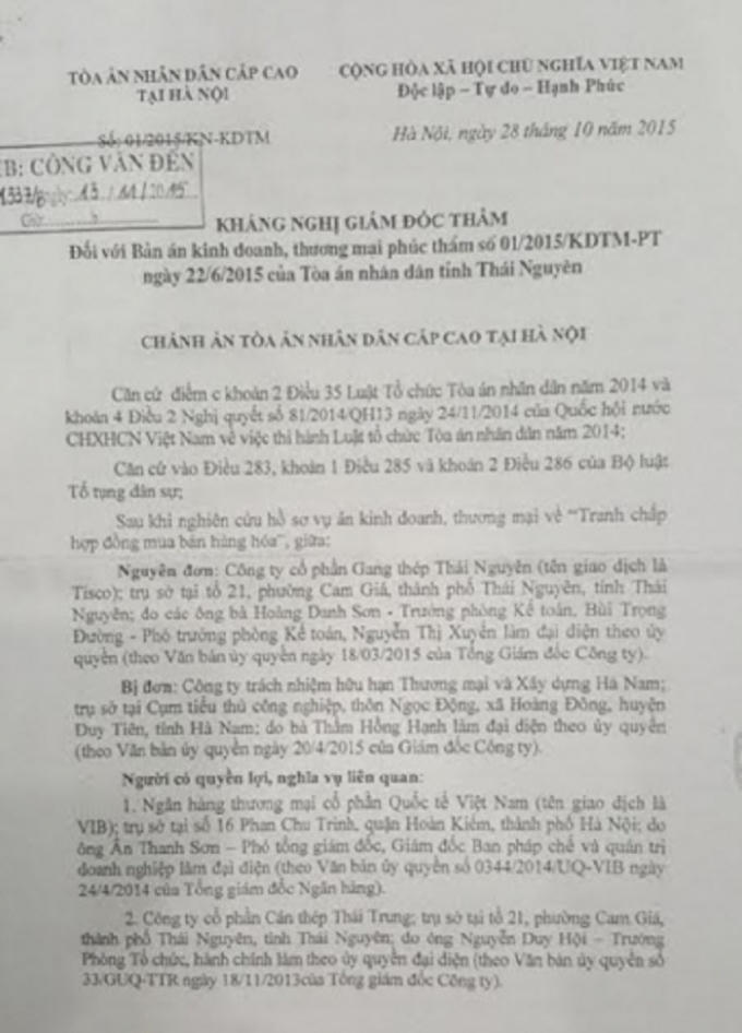 Kháng nghi Giám đốc thẩm của Tòa án nhân dân Cấp cao tại Hà Nội.