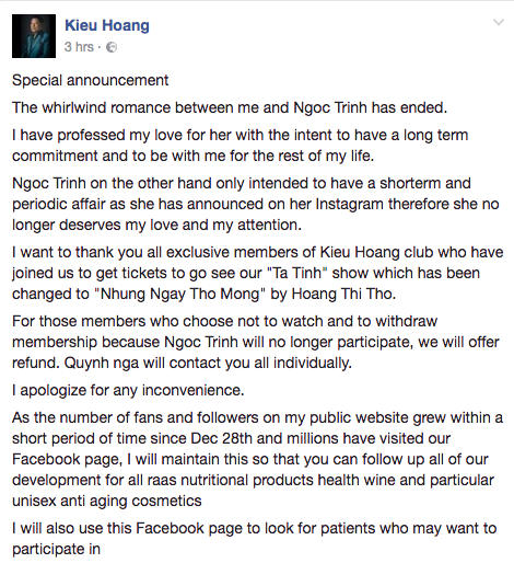Tỉ phú Hoàng Kiều bất ngờ tuyên bố chia tay Ngọc Trinh không một lý do