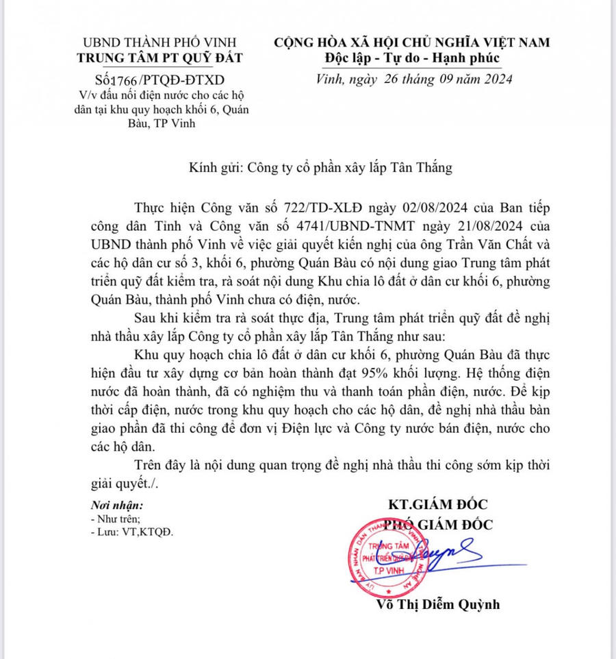 Văn bản của Trung tâm phát triển quỹ đất thành phố Vinh gửi Công ty CP xây lắp Tân Thắng