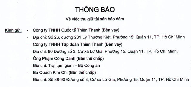 Một thông báo của Sacombank về việc thu hồi tài sản đảm bảo của vợ chồng ông Phạm Công Danh.