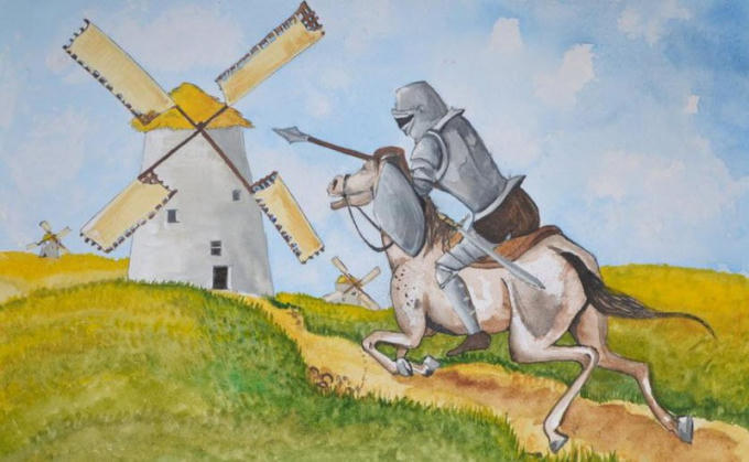 Họa hình Đôn Ki-hô-tê đánh cối xay gió.