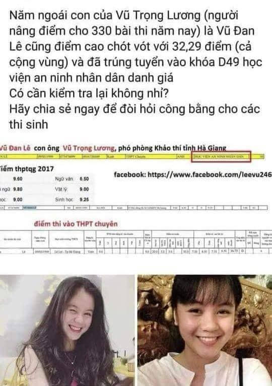 Thông tin về thí sinh Vũ Đan Lê (tốt nghiệp PTTH năm 2017) được đồn thổi trên mạng là con của ông Vũ Trọng Lương là không chính xác. (ảnh Internet).