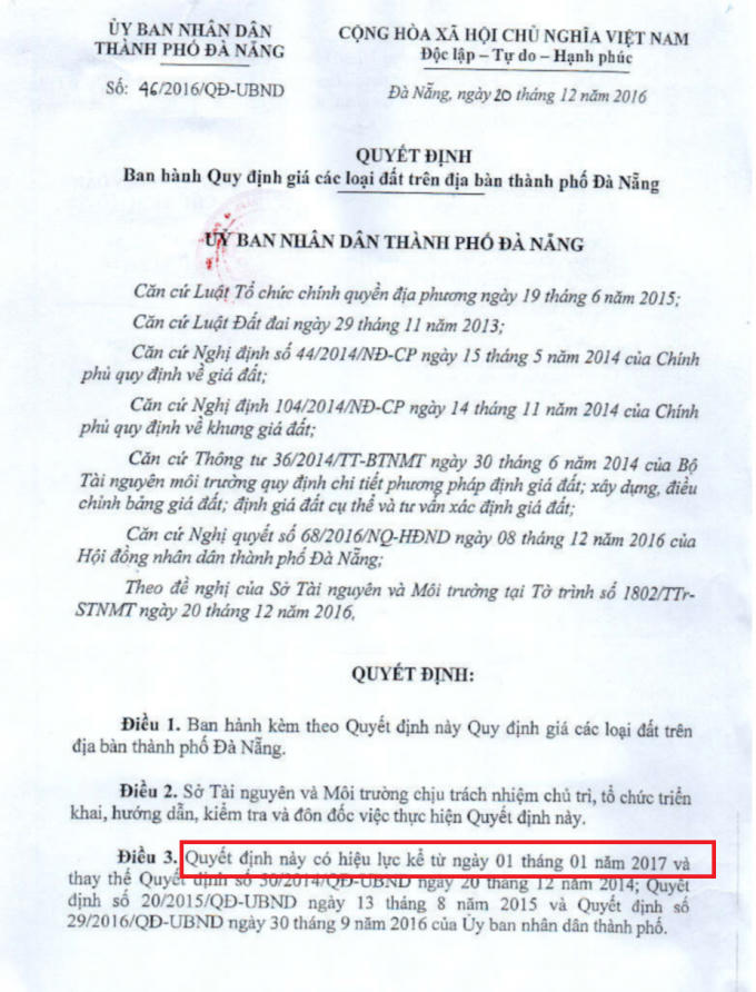 Quyết định số 46/2016/QĐ-UBND ngày 20/12/2016 về việc ban hành quy định giá các loại đất trên địa bàn thành phố Đà Nẵng.
