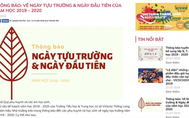 Trường Tiểu học & Trung học cơ sở Victoria Thăng Long tuyển sinh