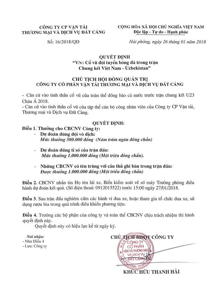 Quyết định trao thưởng của Công ty Cổ phần Thương mại và Dịch vụ Đất Cảng đã ra quyết định trao thưởng cho CBCNV.