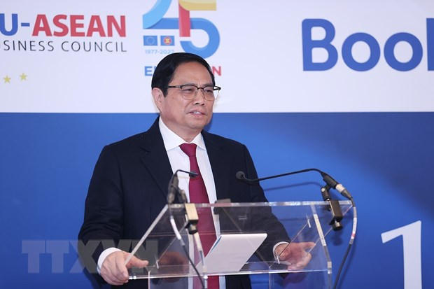 Thủ tướng Phạm Minh Chính phát biểu Hội nghị Thượng đỉnh kinh doanh ASEAN-EU lần thứ 10. (Ảnh: Dương Giang/TTXVN)