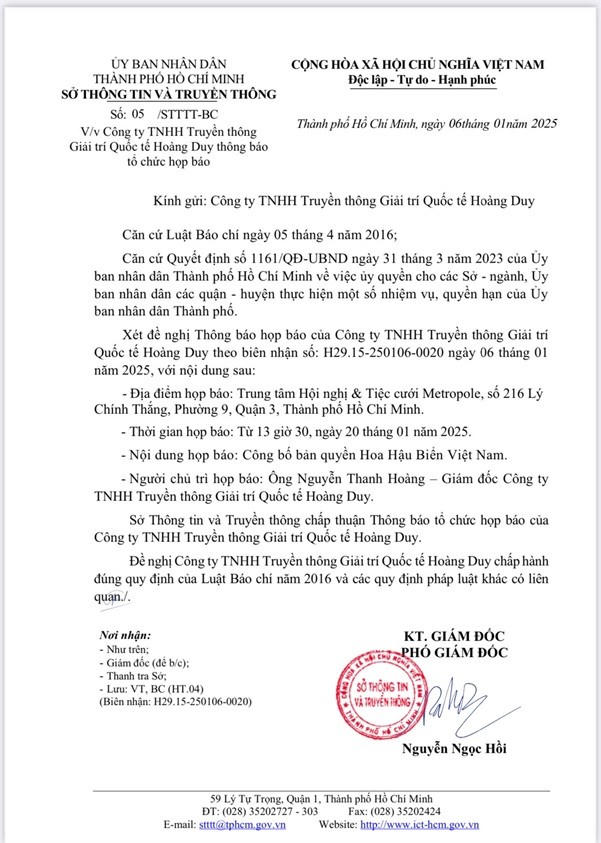 Giấy phép tổ chức họp báo công bố bản quyền Hoa hậu Biển Việt Nam 2024.