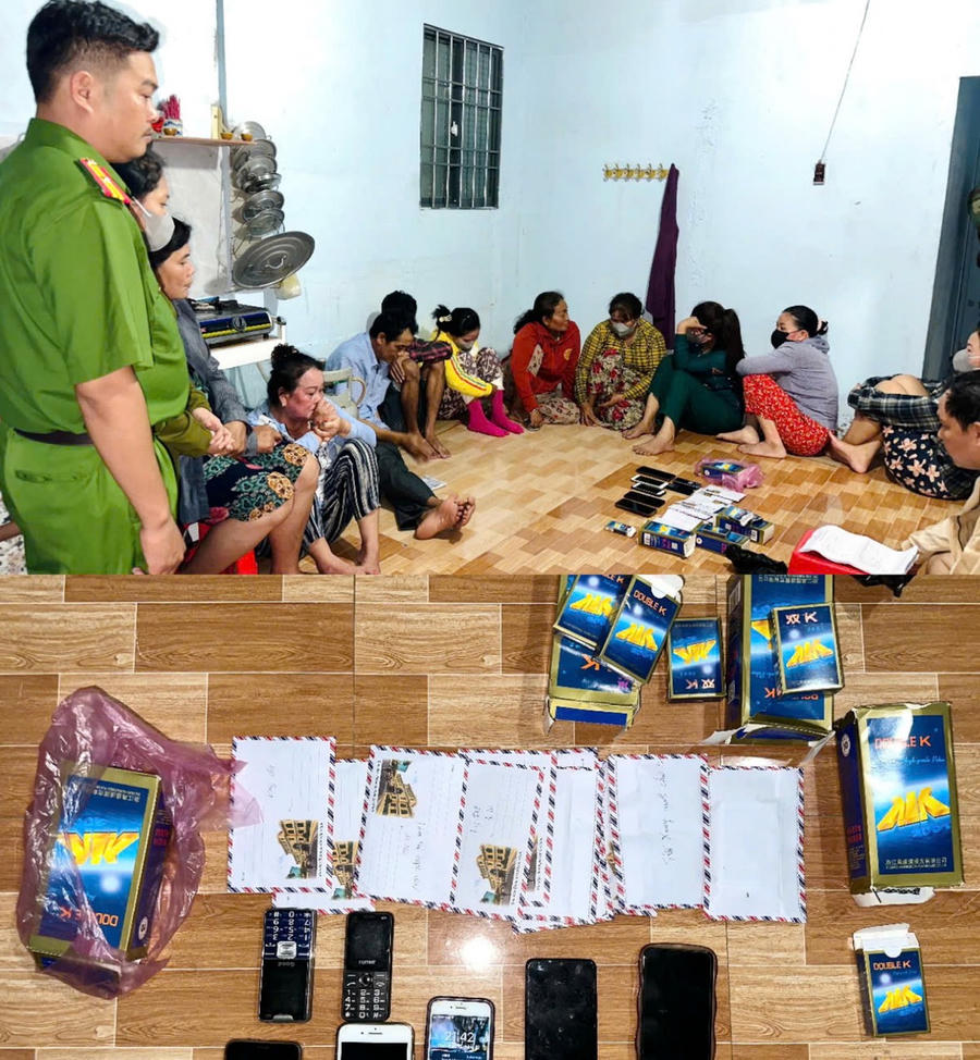 Các đối tượng tham gia đánh bài ăn tiền và tang vật bị Công an bắt quả tang.
