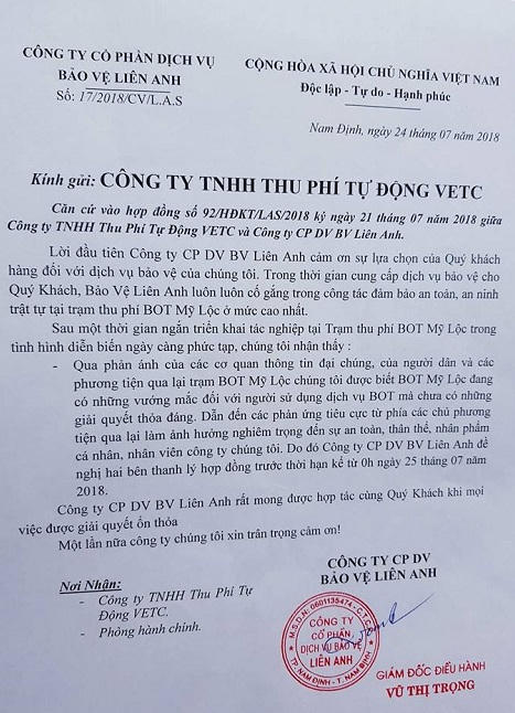 Công văn của Cty CPDVBV Liên Anh gửi tới đối tác với cty Tasco