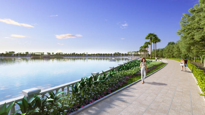 Đường dạo ven hồ rộng 12,4ha với không gian xanh ngập tràn tại The Harmony.
