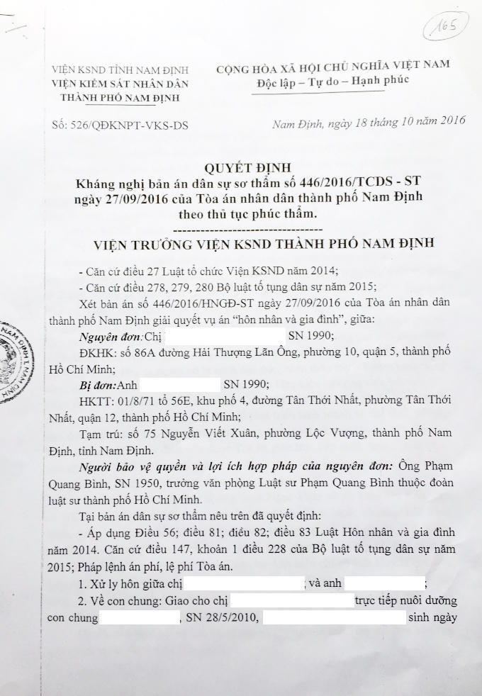 Kháng nghị của VKS Nhân dân TP Nam Định về bản án dân sự sơ thẩm số 446/2016/TCDS - ST ngày 27/09/2016 của Tòa án Nhân dân TP Nam Định theo thủ tục phúc thẩm.