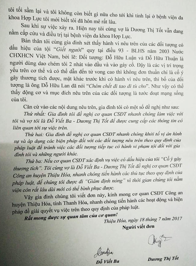 Đơn tố giác của gia đình ông Ba gửi cơ quan điều tra.