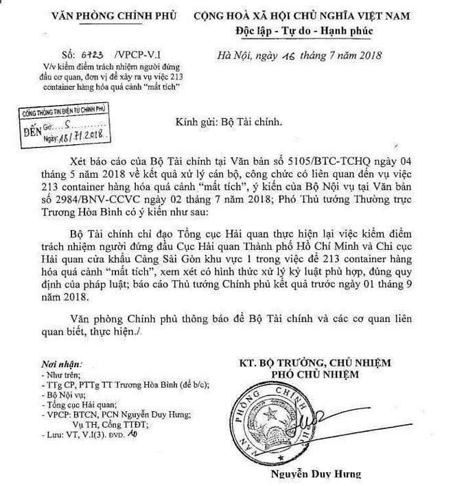 Công văn chỉ đạo lần 2 của Phó Thủ tướng Thường trực Trương Hòa Bình