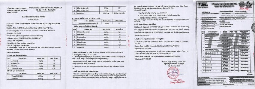 Bản công bố sản phẩm trà túi lọc cà gai leo MV do Công ty Minh Vương gia công sản xuất còn Công ty TNHH thương mại và dịch vụ Sunrise Beauty là thương nhân chịu trách nhiệm về chất lượng và phân phối sản phẩm.
