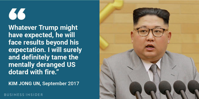 “Dù cho ông Trump chờ đợi điều gì đi chăng nữa, ông ấy cũng sẽ phải đối mặt với những kết quả ngoài sức tưởng tượng. Tôi chắc chắn và dứt khoát sẽ khắc chế ông già người Mỹ lẩm cẩm loạn trí bằng hỏa lực”, nhà lãnh đạo Triều Tiên Kim Jong-un phát biểu vào tháng 9/2017. Trước đó, Tổng thống Donald Trump đã gọi ông Kim Jong-un là “Người tên lửa” trong bài phát biểu đầu tiên trước Đại hội đồng Liên Hợp Quốc.