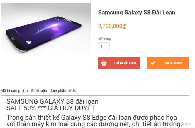 Một website rao bán Galaxy S8 Đài Loan với giá “hủy diệt” chỉ 2,7 triệu đồng. - Ảnh chụp màn hình.