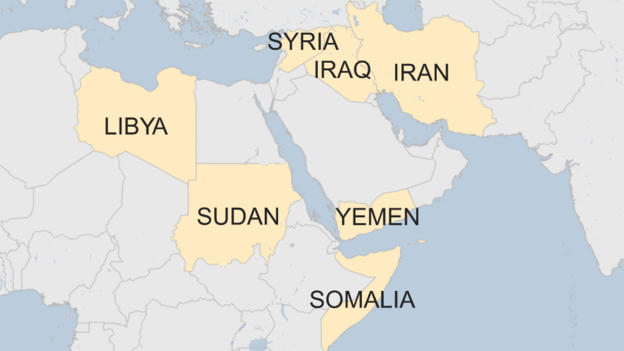 Iran, Iraq, Libya, Somalia, Sudan, Syria và Yemen bị nêu tên trong sắc lệnh di trú của ông Trump. (Đồ họa: BBC)