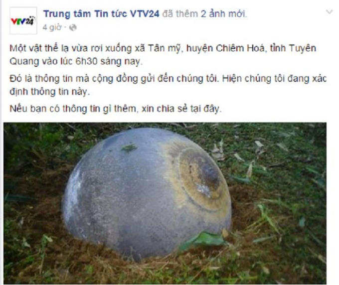 Hình ảnh vật thể lạ rơi xuống Tuyên Quang. Nguồn: Trung tâm tin tức VTV24