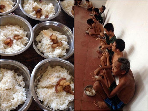 Hình ảnh xuất cơm với 3 miếng thịt của người tâm thần
