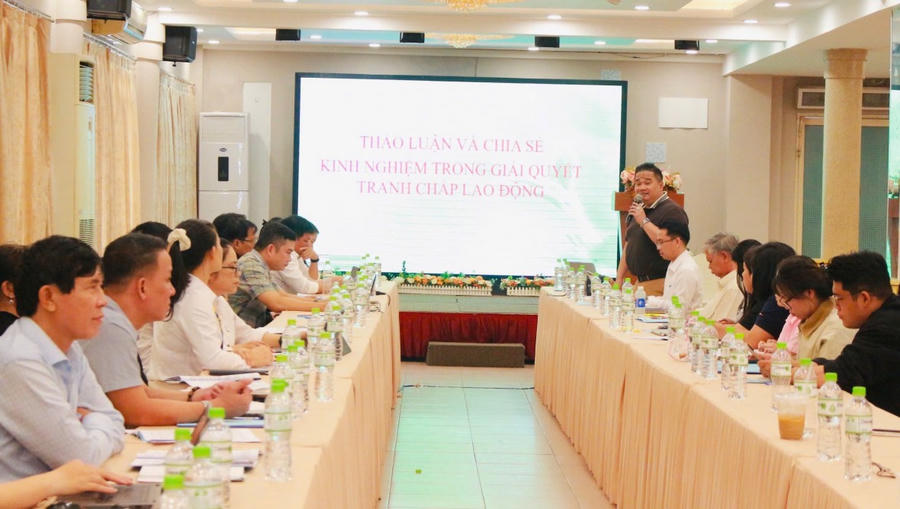 Phó Chủ tịch Hội Doanh nhân trẻ tỉnh Đồng Nai, Trọng tài viên lao động Nguyễn Duy Khương phát biểu tại buổi thảo luận.