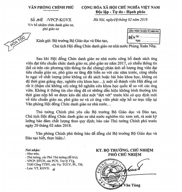 Văn bản hỏa tốc của Văn phòng Chính phủ gửi Bộ trưởng Bộ GD-ĐT Phùng Xuân Nhạ. (Dantri.vn)