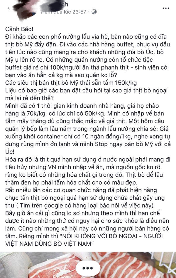 Thông tin thịt bò mỹ nhập khẩu giá rẻ vì là hàng hết hạn sử dụng lan truyền chóng mặt trên mạng xã hội.