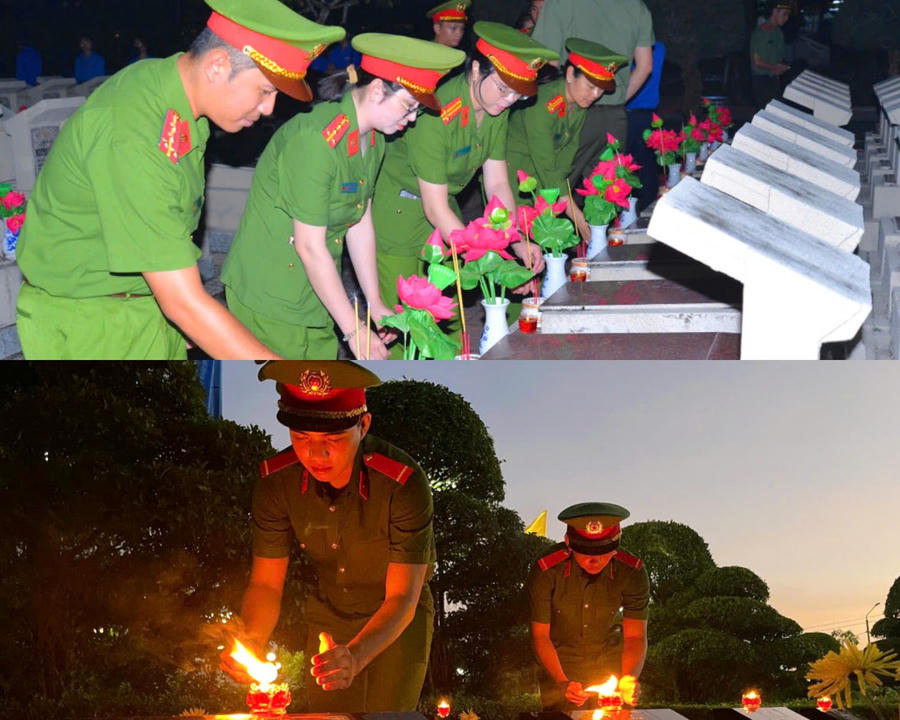 Cán bộ, chiến sĩ Công an tỉnh Cà Mau thắp nến tri ân tại 02 Nghĩa trang Liệt sĩ tỉnh.