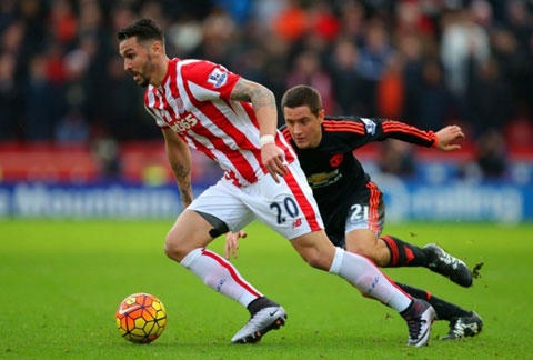 Các cầu thủ Manchester United ( áo sẫm) đang thi đấu rất bế tắc