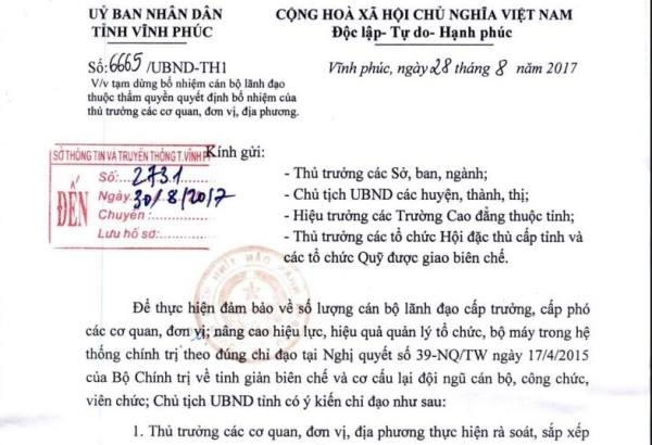 Văn bản chỉ đạo tạm dừng việc bổ nhiêm cán bộ lãnh đạo của UBND tỉnh Vĩnh Phúc