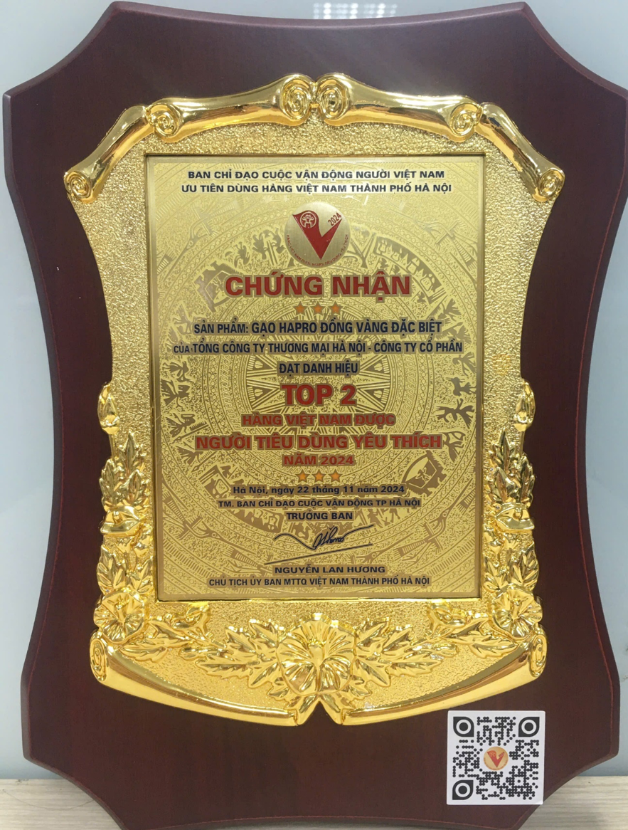 Chứng nhận sản phẩm Gạo Đồng Vàng đặc biệt của Hapro Đồng Tháp đạt TOP 2 Hàng Việt Nam được NTD yêu thích năm 2024.