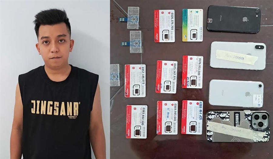 Nguyễn Việt Hoàng cùng tang vật thu giữ trong chuyên án - Ảnh Công an TP Đà Nẵng.