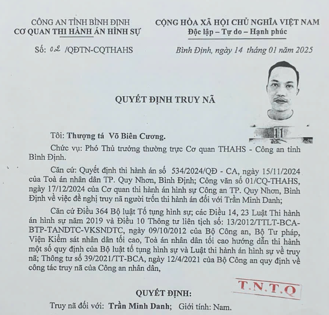 Quyết định truy nã đối tượng Trần Minh Danh