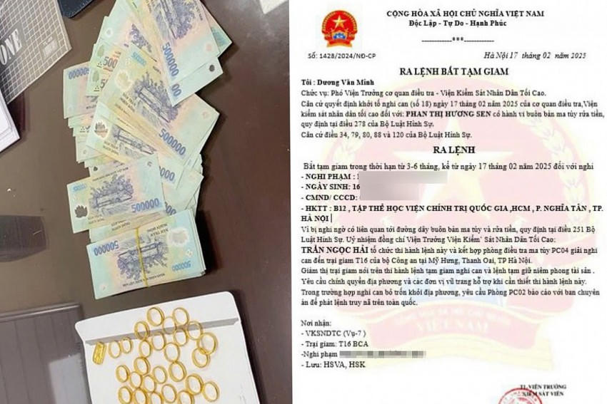 Tiền, vàng và lệnh bắt giả (Ảnh: Công an cung cấp)