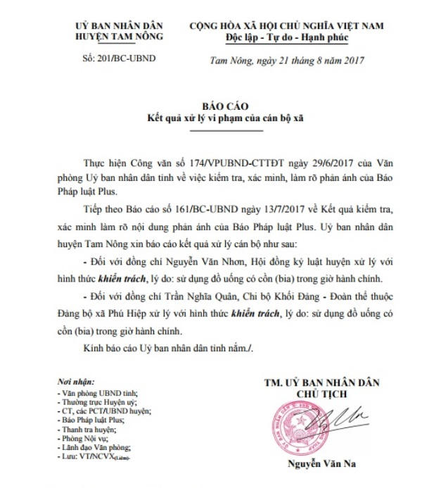 Báo cáo của UBND huyện Tam Nông về kết quả xử lý vụ việc lãnh đạo UBND xã Phú Hiệp sử dụng đồ uống có cồn trong giờ làm việc là chỉ thể hiện một phần của vụ việc.