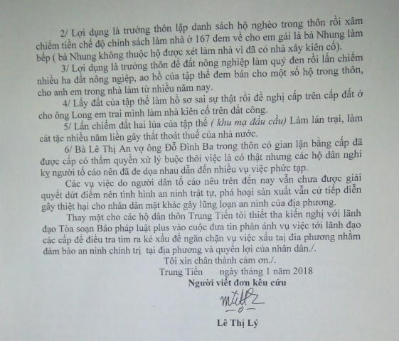Đơn kêu cứu gửi Pháp luât Plus của hộ dân Lê Thị Lý.