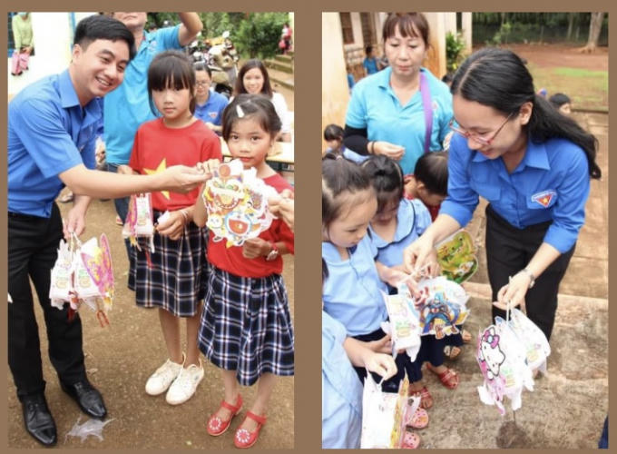 Bí thư Tỉnh Đoàn Bình Phước Trần Quốc Duy (hình bên trái) và Phó Bí thư Tỉnh Đoàn Bình Phước Lê Thị Hồng Phấn (hình bên phải) mang Trung thu ấm áp đến thiếu nhi xã Đường 10, huyện Bù Đăng, tỉnh Bình Phước với những phần quà đượm yêu thương.