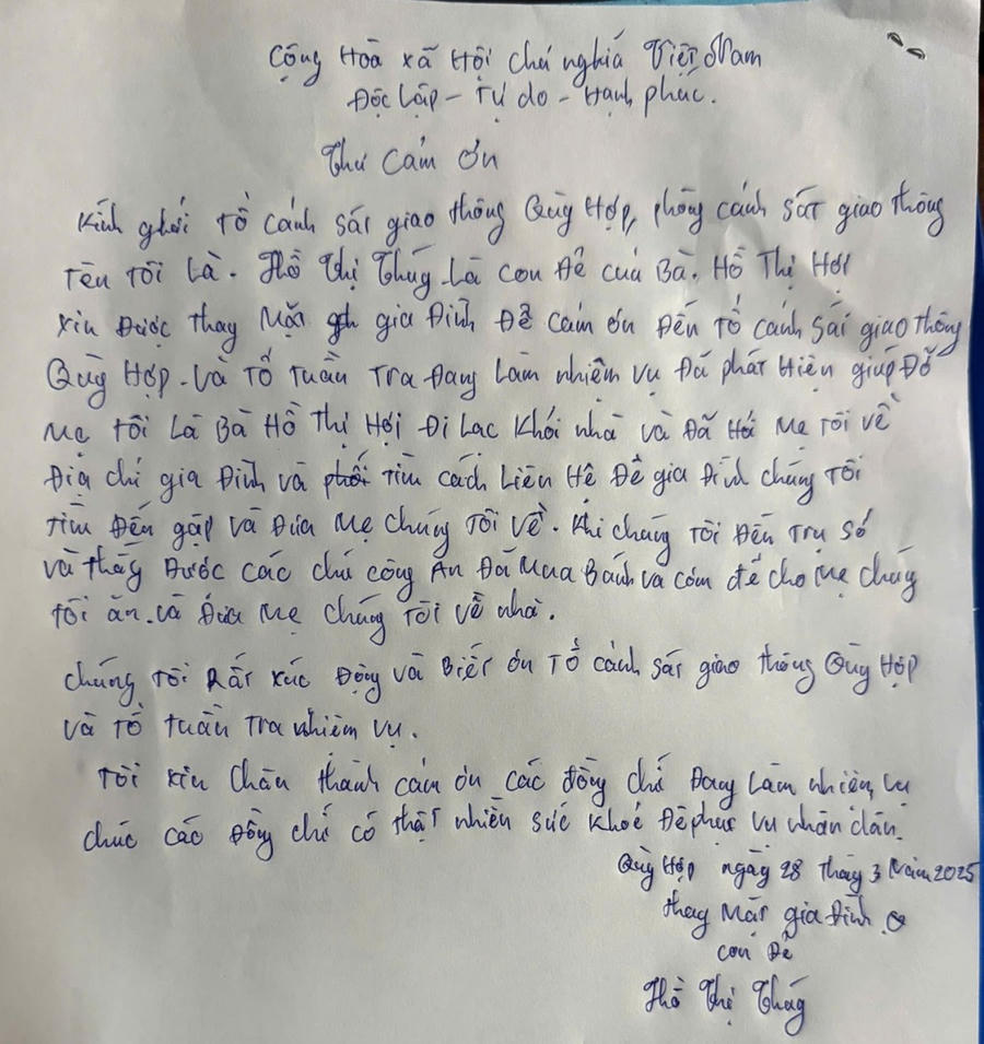Thư cảm ơn chị Hồ Thị Thúy gửi tới Tổ Cảnh sát giao thông Quỳ Hợp.